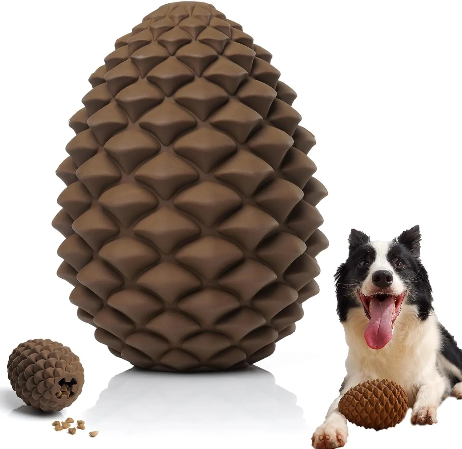 Yellow natural rubber pine cone-shaped dog toy with treat dispenser hole for medium and large dogs.
