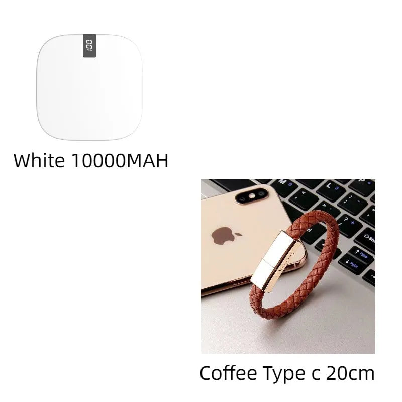 10000mAh mini power bank with LCD display, dual USB ports, and fast input, in red, white, or black.