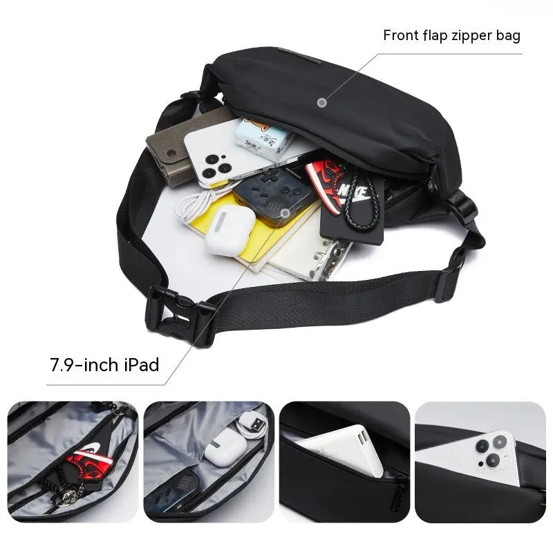 Black Oxford cloth men's messenger crossbody bag with street trend sewing thread detailing