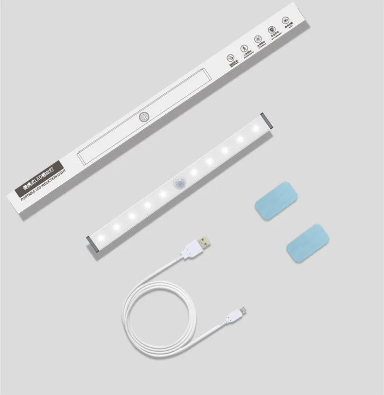 USB rechargeable LED closet light with motion sensor and magnetic strip mount.