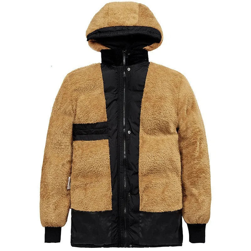 Men's black hooded winter jacket with a double-breasted front and velvet lining.