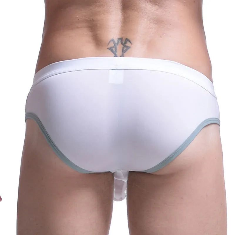 Men's Army Green Ice Silk bazooka briefs with mid waist and bullet separation design on a white background.