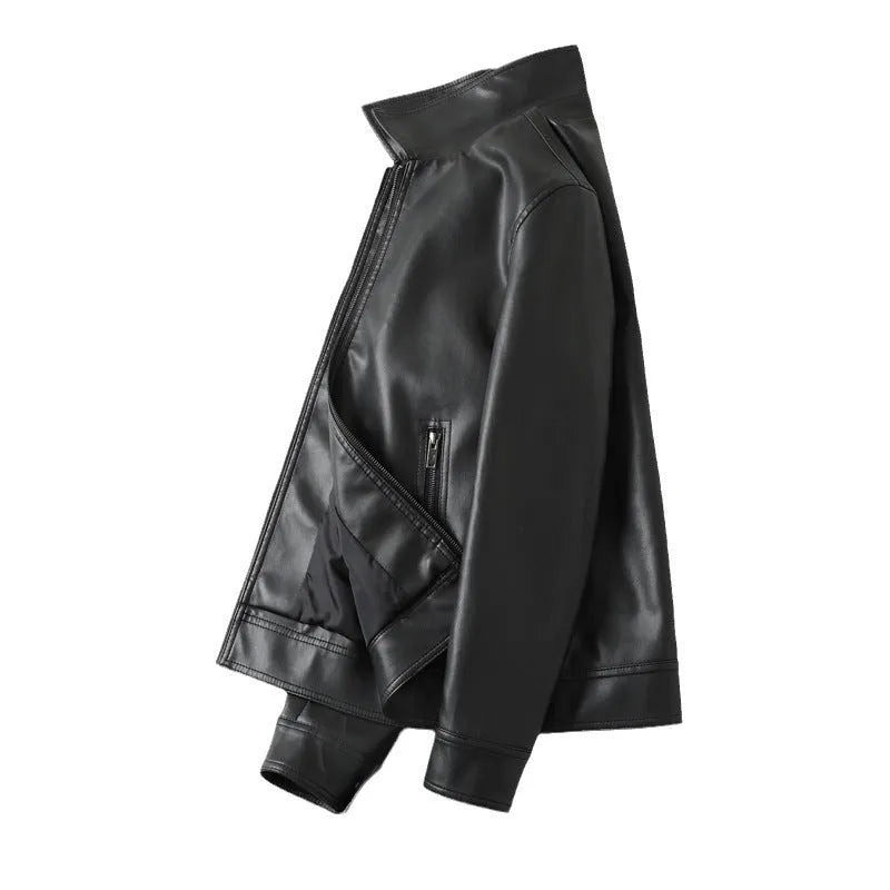 Black men's PU leather jacket with loose fit, zipper pockets, and windproof design for casual leisure wear