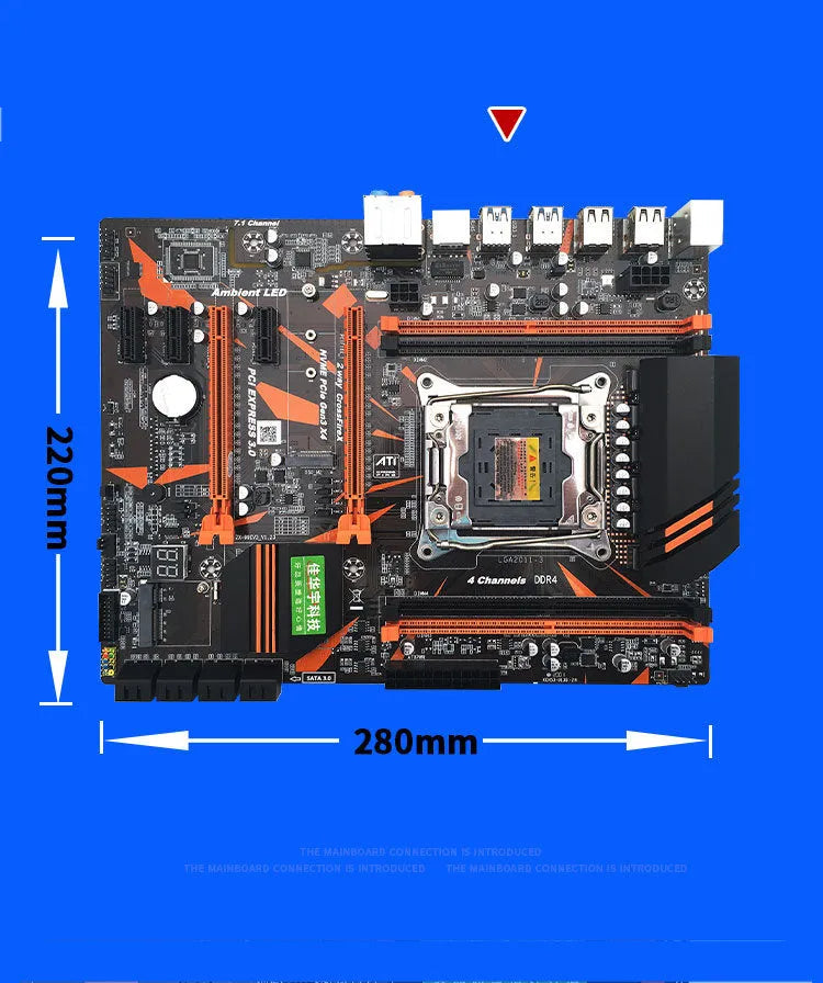 X99 computer motherboard with LGA2011-3 CPU socket, four DDR4 slots, PCI-E expansion, and rear I/O ports