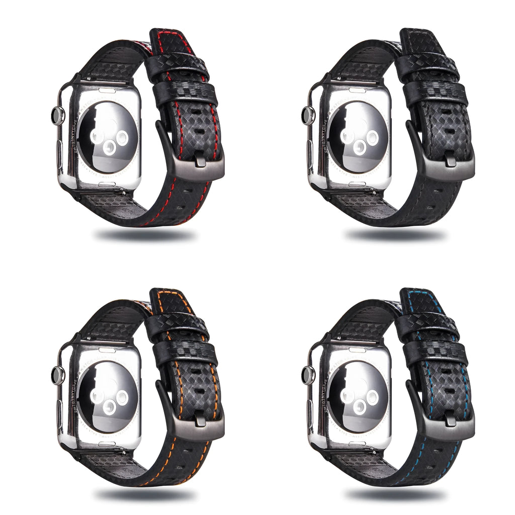 Apple Watch compatible leather strap with carbon fibre pattern case in multiple colours