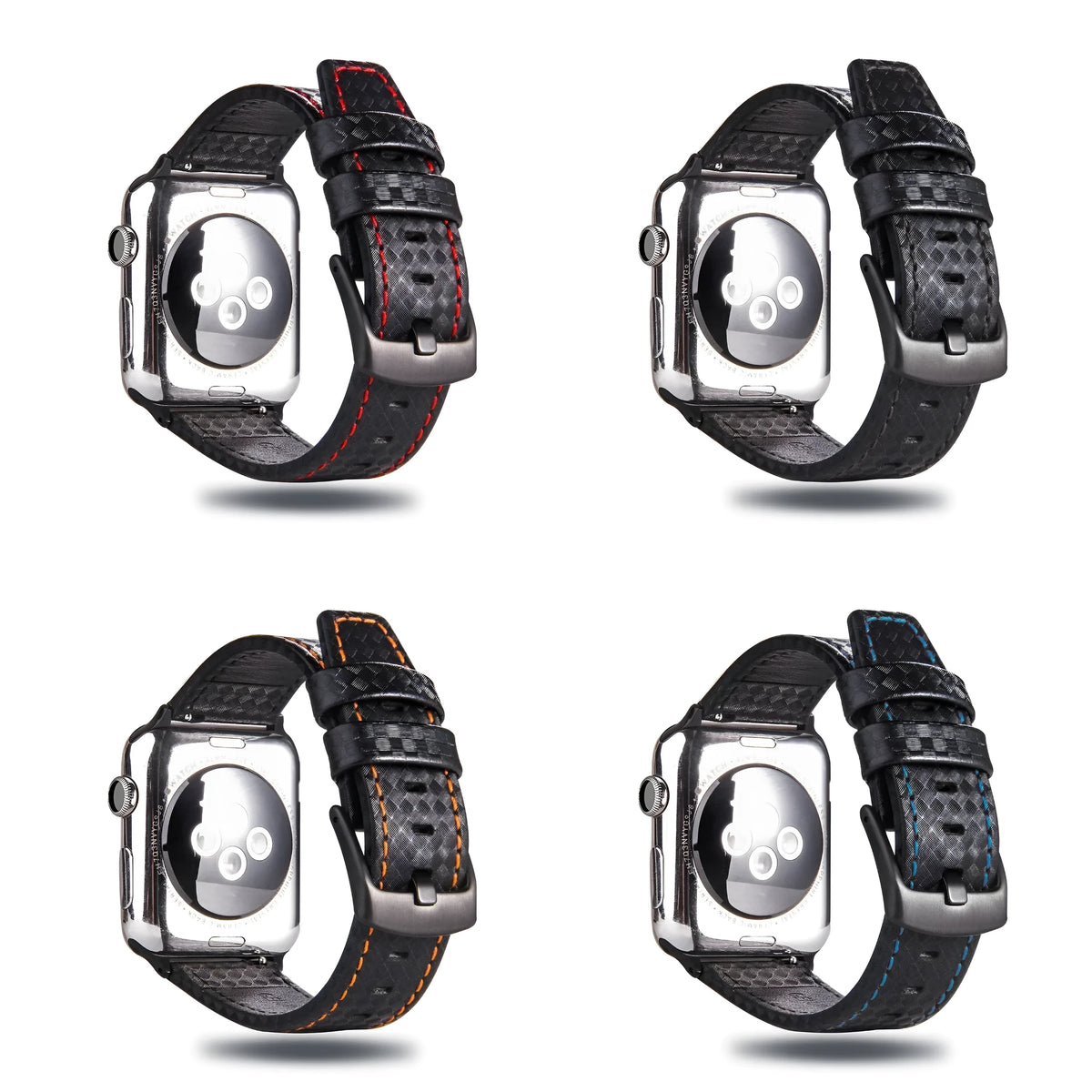 Apple Watch compatible leather strap with carbon fibre pattern case in multiple colours