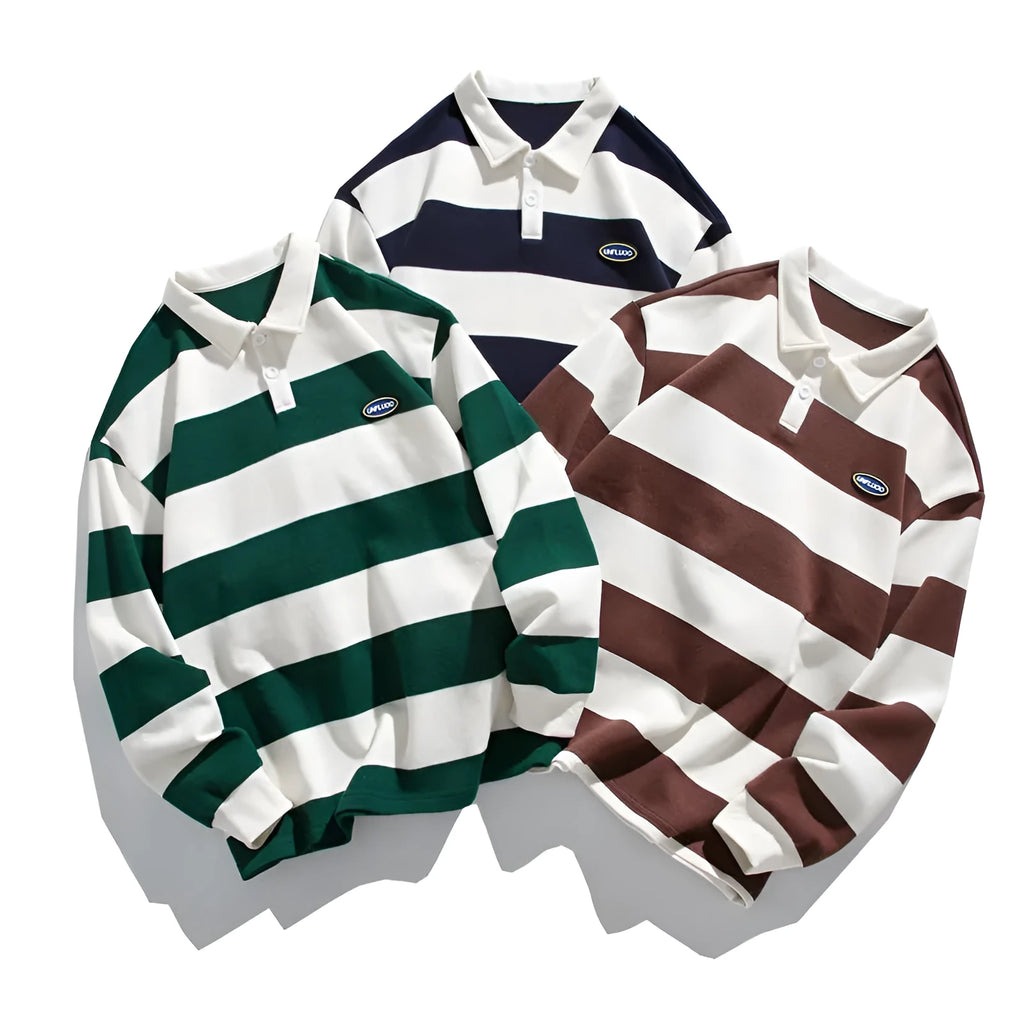 Hong Kong style striped pearl cotton polo shirt in loose fit, shown in sapphire blue colour.