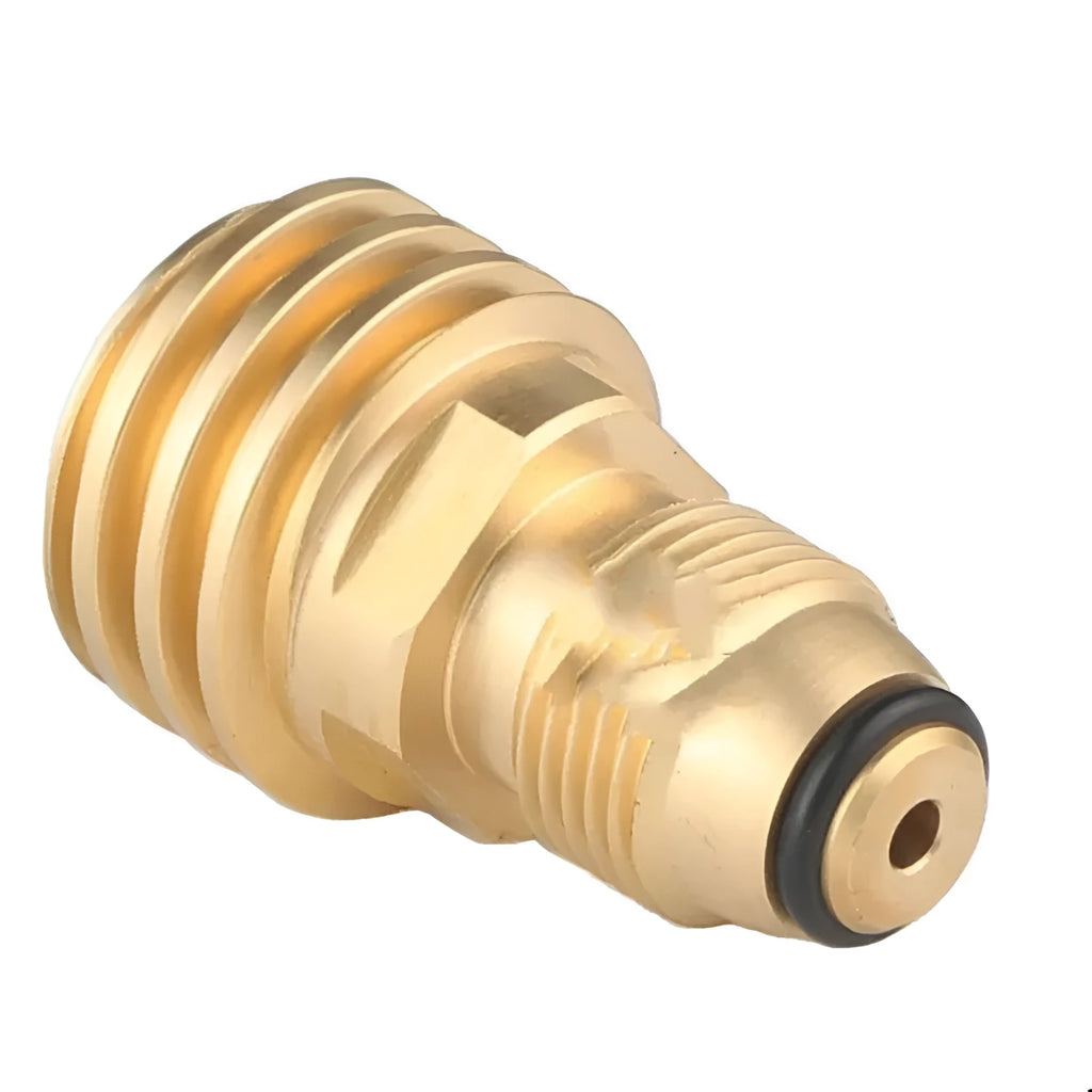 Brass gas brazing adapter with gold finish, external thread taper, for 7mm internal thread gas charging connections