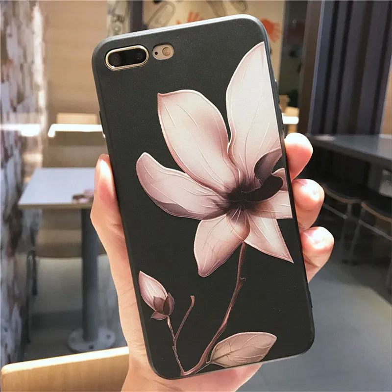 Floral embossed TPU phone case for iPhone in black and white colour options