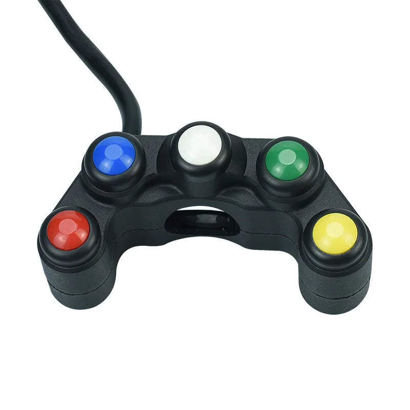 Plastic five-position vehicle switch with red, yellow, blue, green, and white buttons, showing 52cm cable and 2.2cm mount.