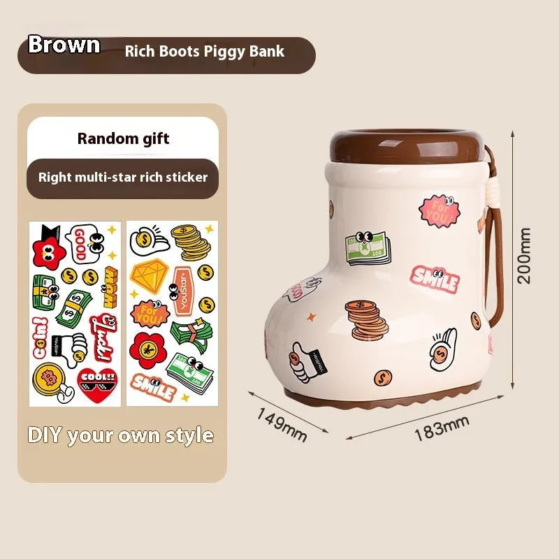 Cartoon-style plastic desktop organiser with grid compartments and labelling stickers for stationery storage
