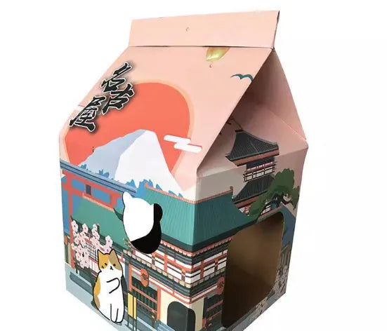 Foldable corrugated paper cat scratching board in Nagoya design colour, shown both flat and folded.