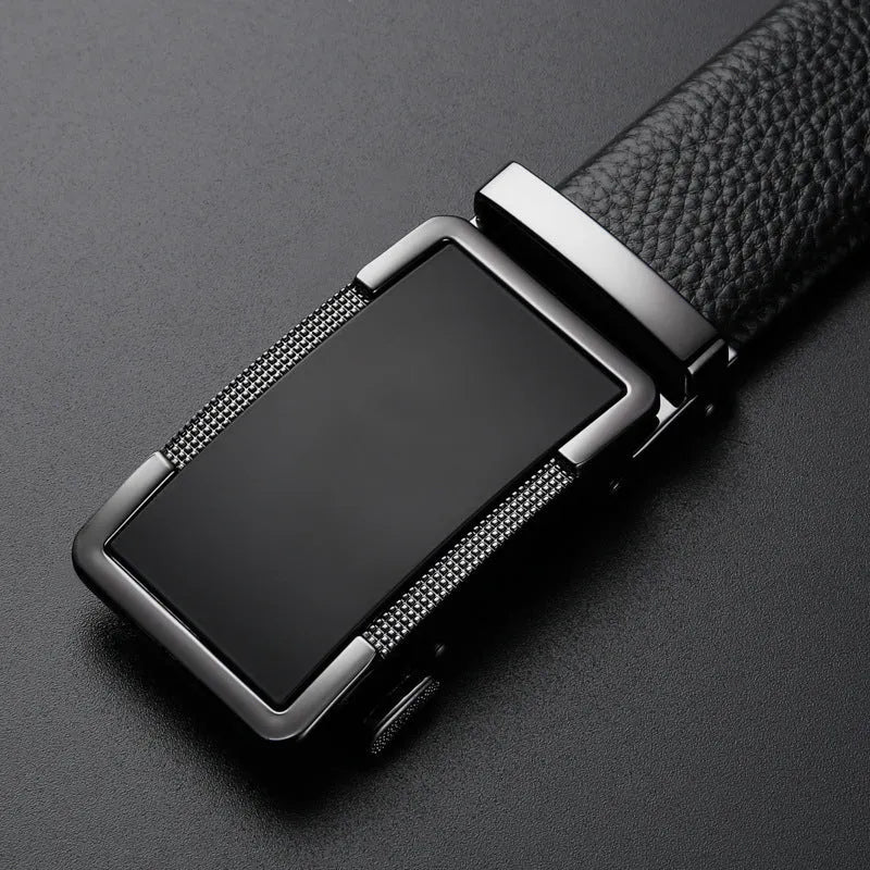 Men's leather automatic buckle belt in gun black, silver, and gold colours.