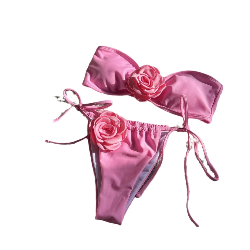 Solid colour women's tube top swimsuit with drawstring straps and split brief design