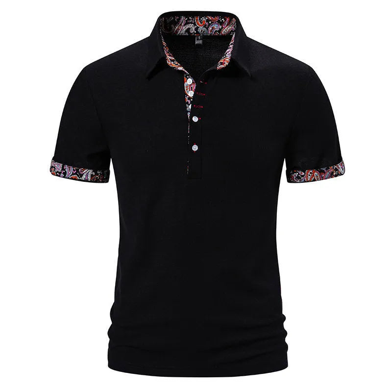 Men's cotton blend polo shirt with turnover collar and colour stitching in white, black, or navy blue.