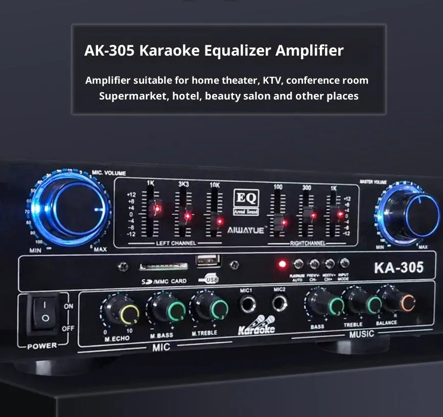 KA-305 black household power amplifier, 60W 4.1 channel, Bluetooth EQ, L300xW260xH95mm