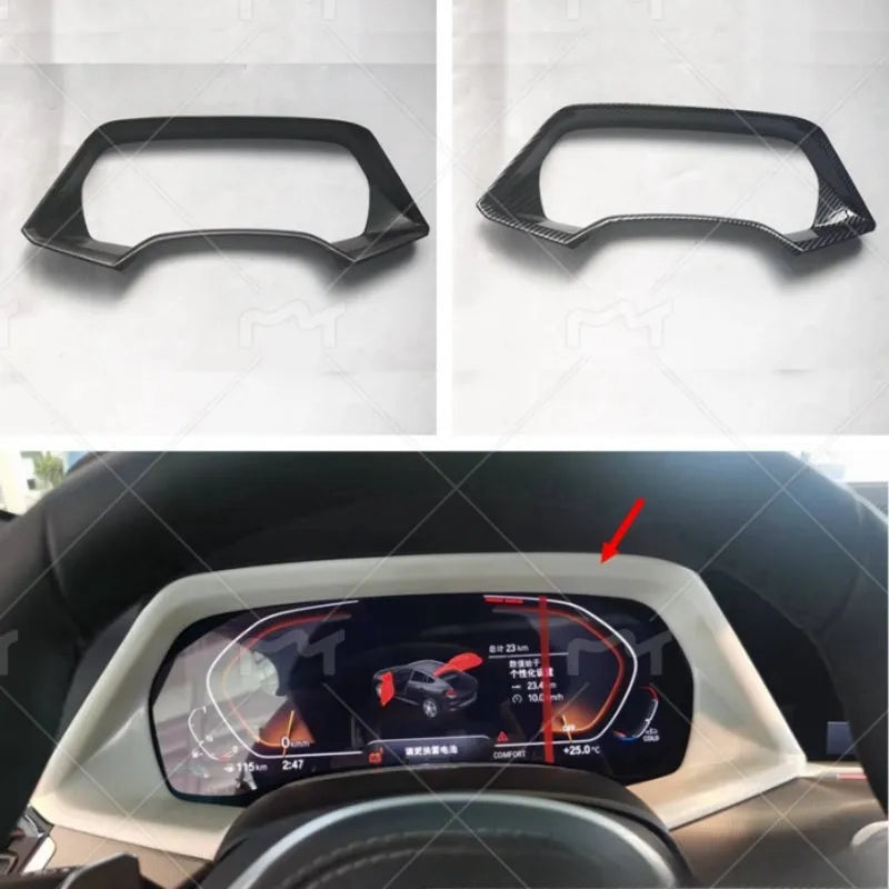 BMW X5 dashboard decorative frame in Peach Wood and Carbon Fiber finishes with double-sided adhesive tape