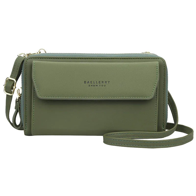 Soft PU leather ladies long wallet with double zip, shown in one of six colours, featuring a horizontal square shape.