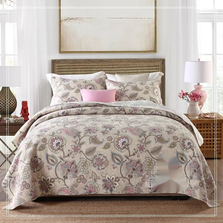Pure cotton bedspread three-piece set with geometric pattern showing bed cover and pillowcases