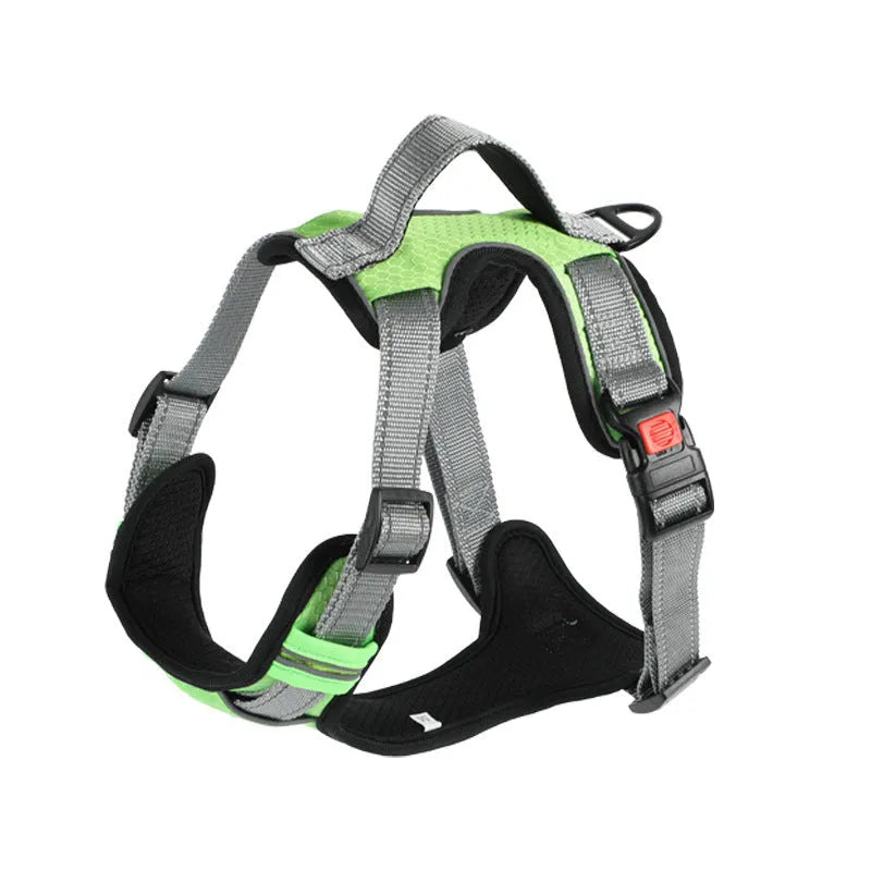 Adjustable polyester dog chest harness in multiple colours with optional hand-holding rope attached.