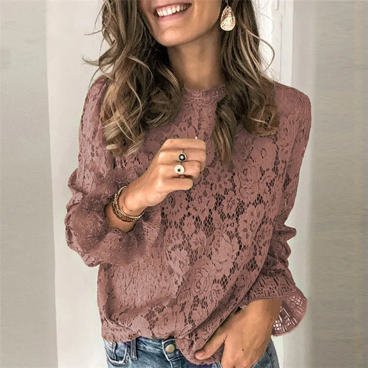 Women's hollow lace shirt with street style design in blended fabric