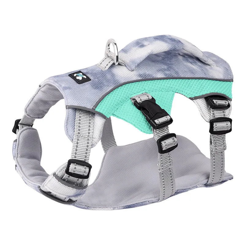Reflective polyester dog chest strap in light blue, shown with adjustable sizing.