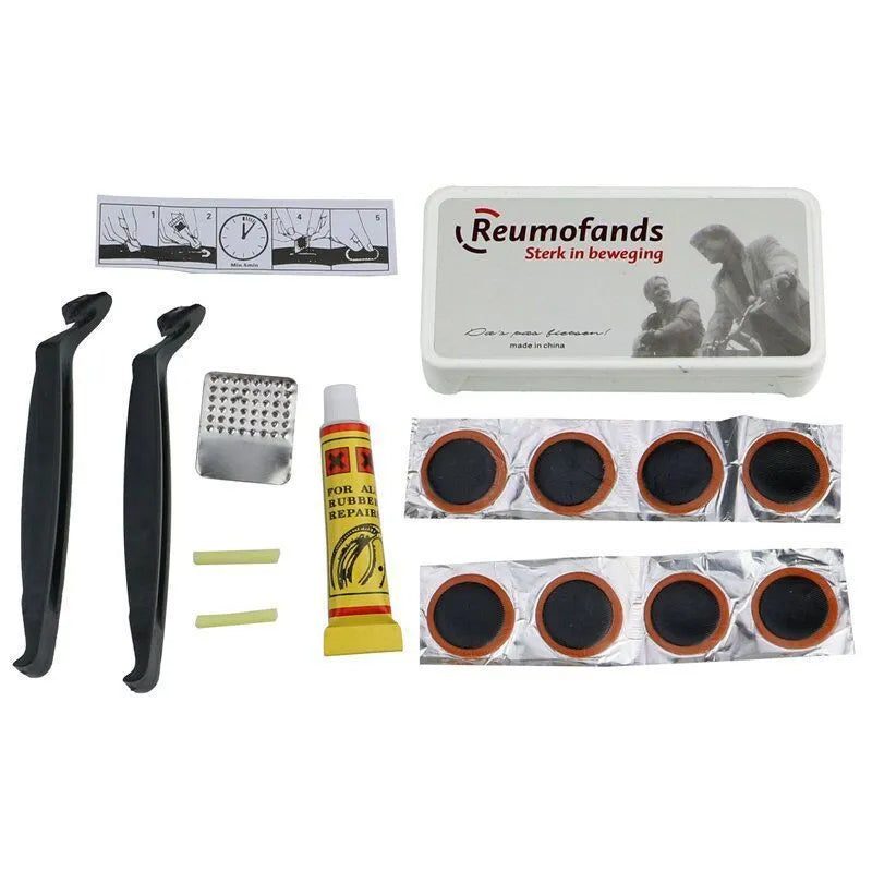 Thick soft silicone bicycle saddle with steel springs, PU leather cover, waterproof cover, wrench, and tyre patch kit.
