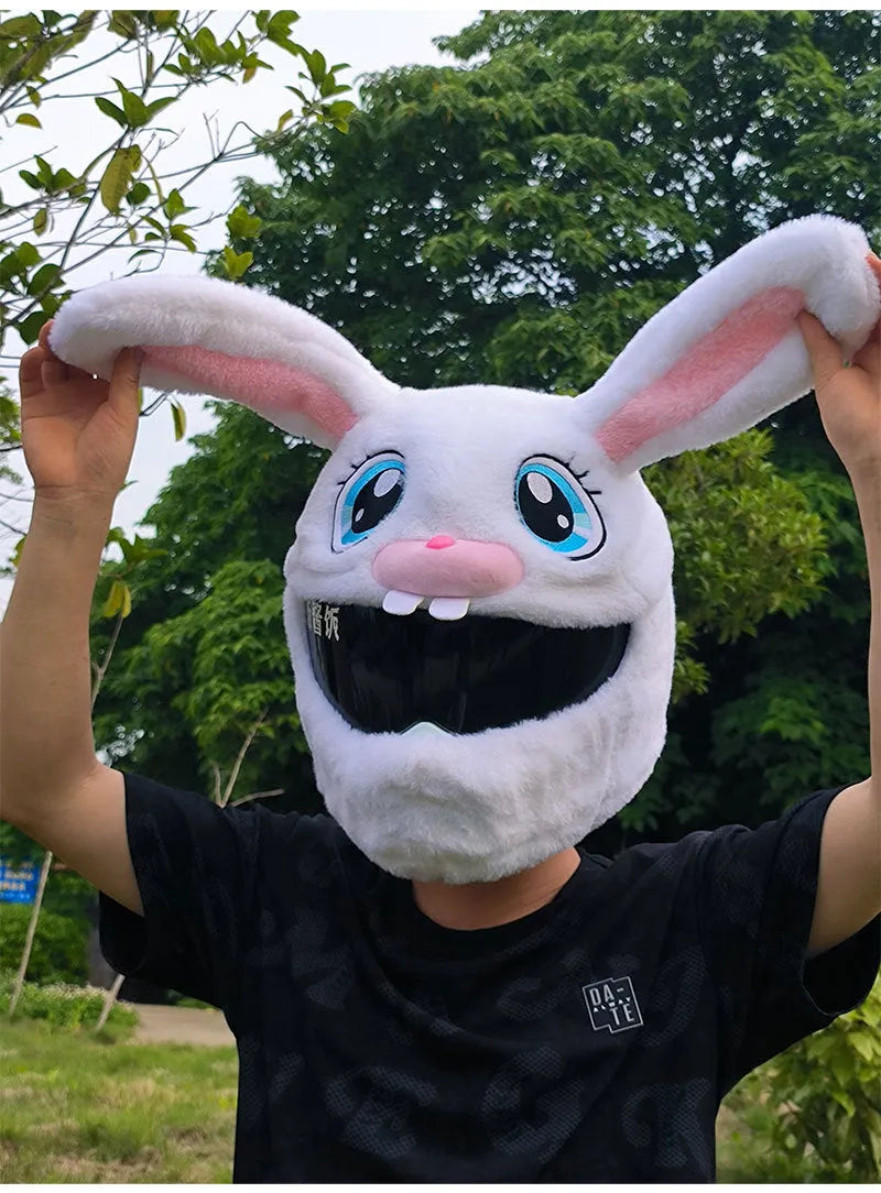 White rabbit head plush cover for motorcycle helmet with long ears