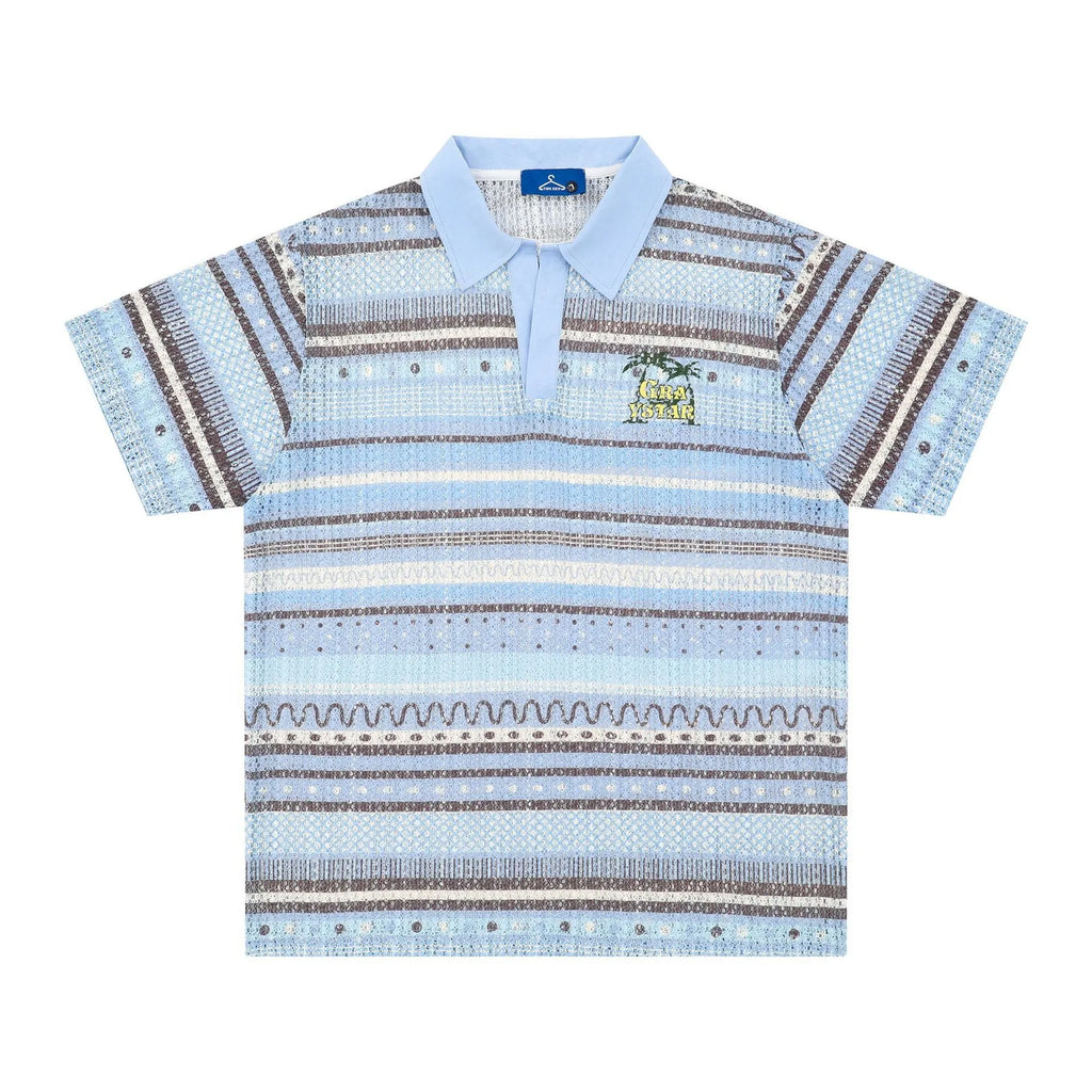A blue men's casual printed shirt with short sleeves and a loose fit.