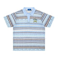 A blue men's casual printed shirt with short sleeves and a loose fit.