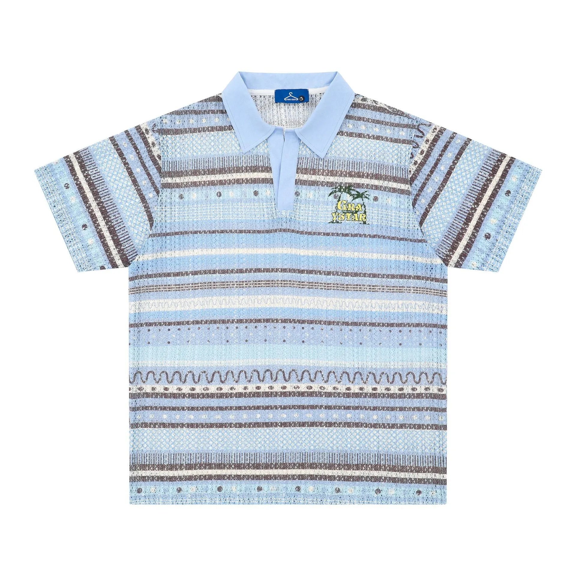 A blue men's casual printed shirt with short sleeves and a loose fit.