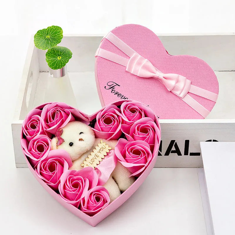 Handmade soap flower rose bouquet in a gift box, available in pink or red