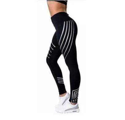 Women's black fitness leggings with reflective print pattern for night workouts