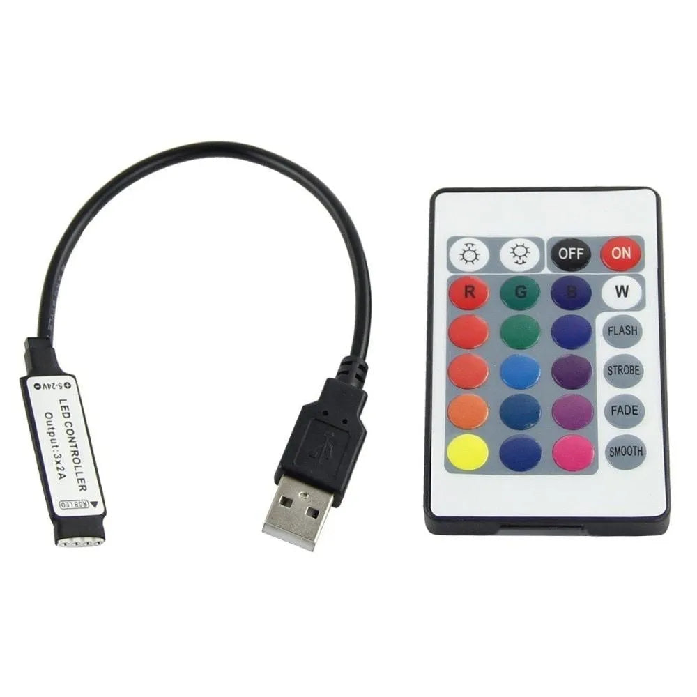 White flexible USB LED light strip showing SMD5050 LEDs, coiled next to its USB plug.