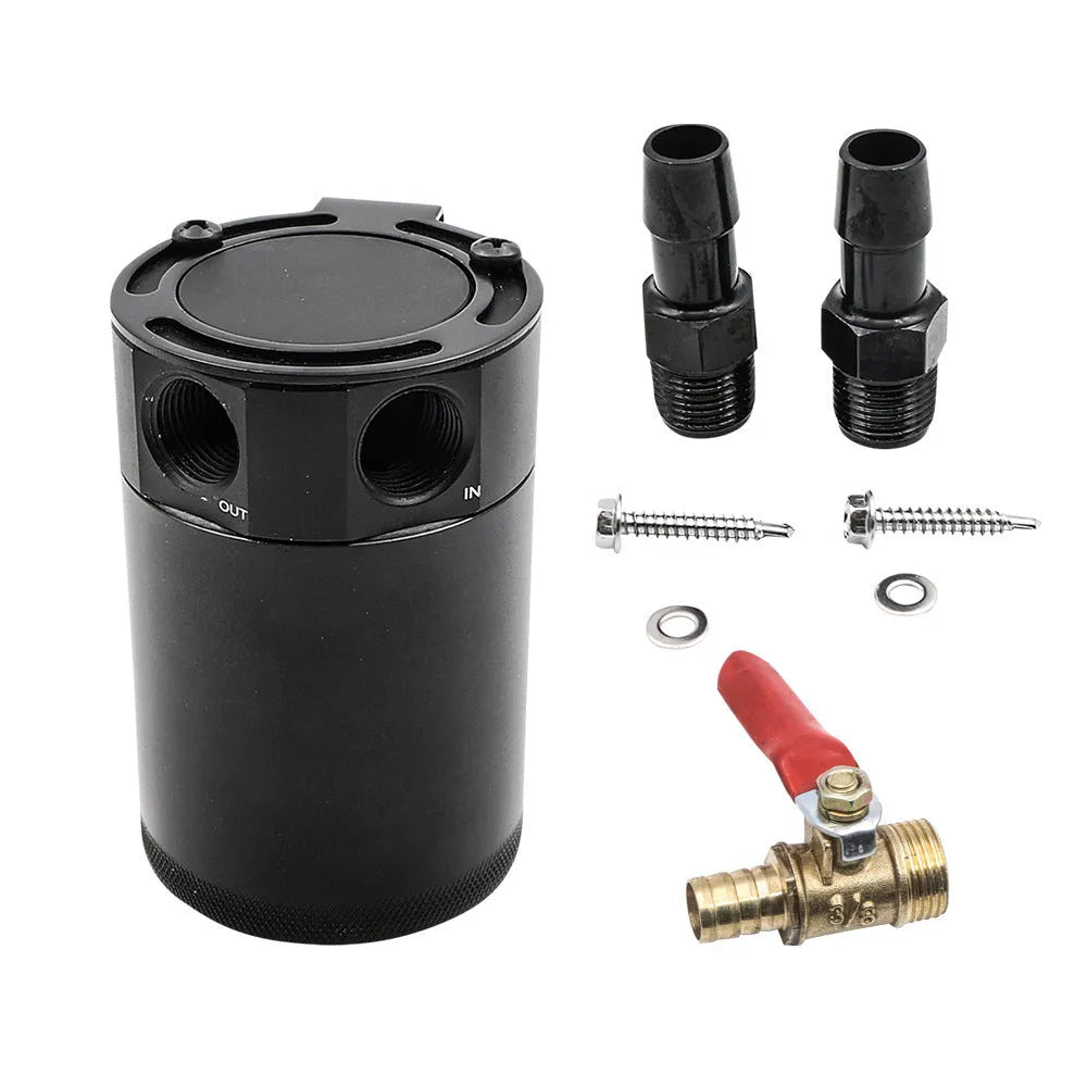 Aluminium automotive oil drain can with ventilation holes and optional drain valve in black or silver finish