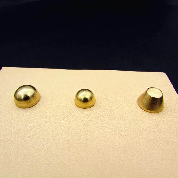 Brass decorative buckles in 10x6mm and 12x7mm sizes with round and geometric foot nail designs