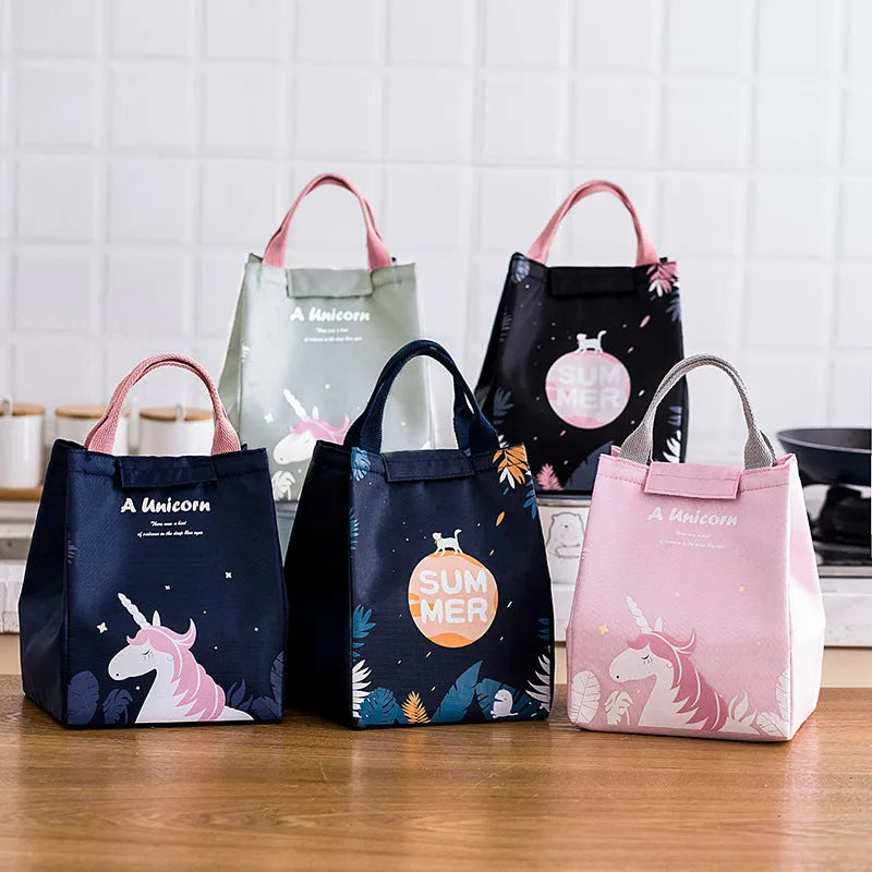 Thickened thermal insulation lunch box bag in Oxford cloth with gray unicorn or navy blue planet cat design for office use