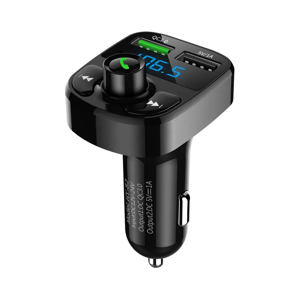 HY82 car Bluetooth MP3 player and hands-free kit with dual USB ports for cigarette lighter socket.