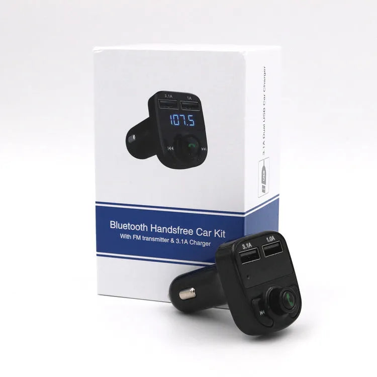 HY82 car Bluetooth MP3 player and hands-free kit with dual USB ports for cigarette lighter socket.