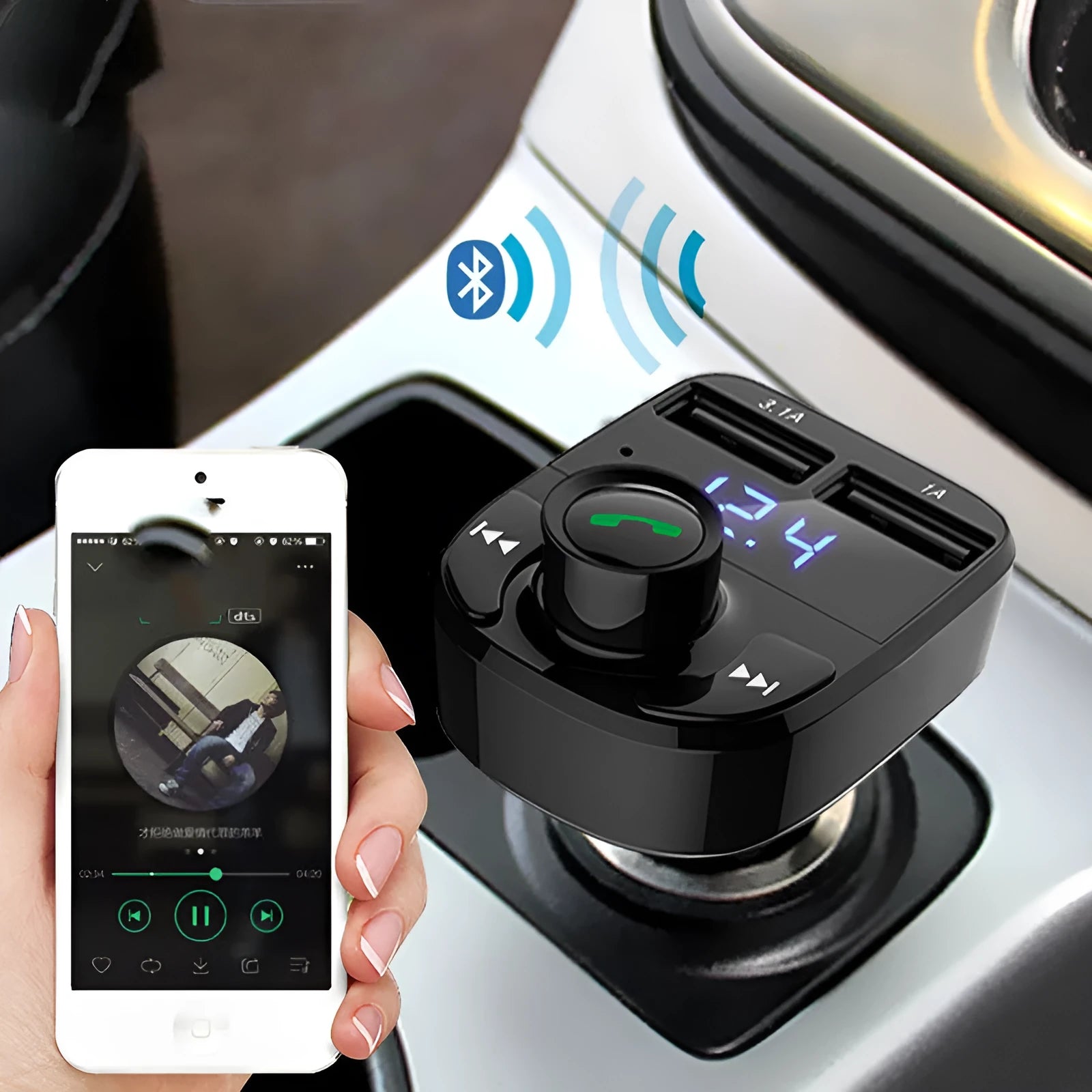 HY82 car Bluetooth MP3 player and hands-free kit with dual USB ports for cigarette lighter socket.