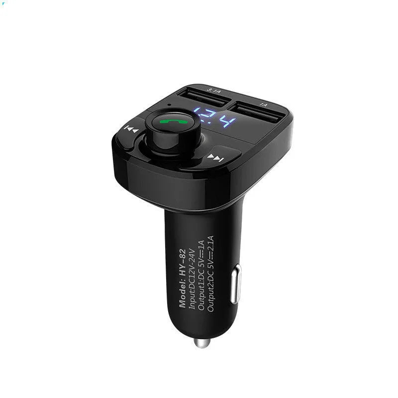 HY82 car Bluetooth MP3 player and hands-free kit with dual USB ports for cigarette lighter socket.
