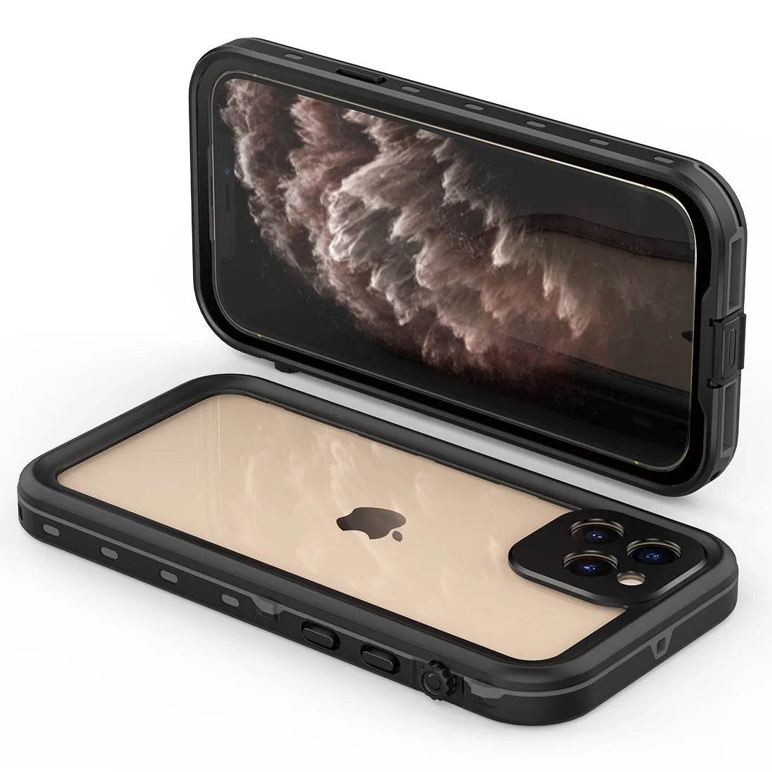 FREDPEPPER IP68 waterproof shockproof case for iPhone in black, shown on a phone.