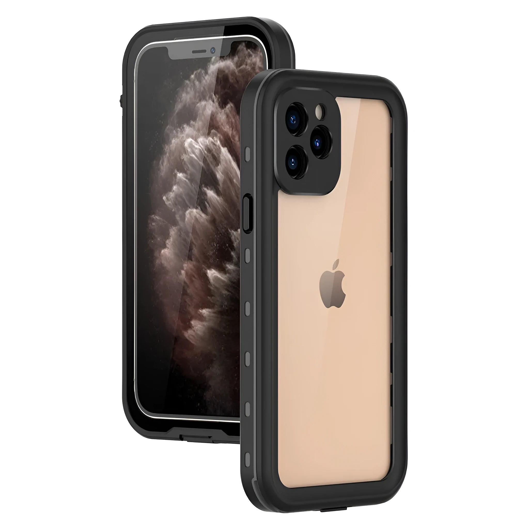 FREDPEPPER IP68 waterproof shockproof case for iPhone in black, shown on a phone.