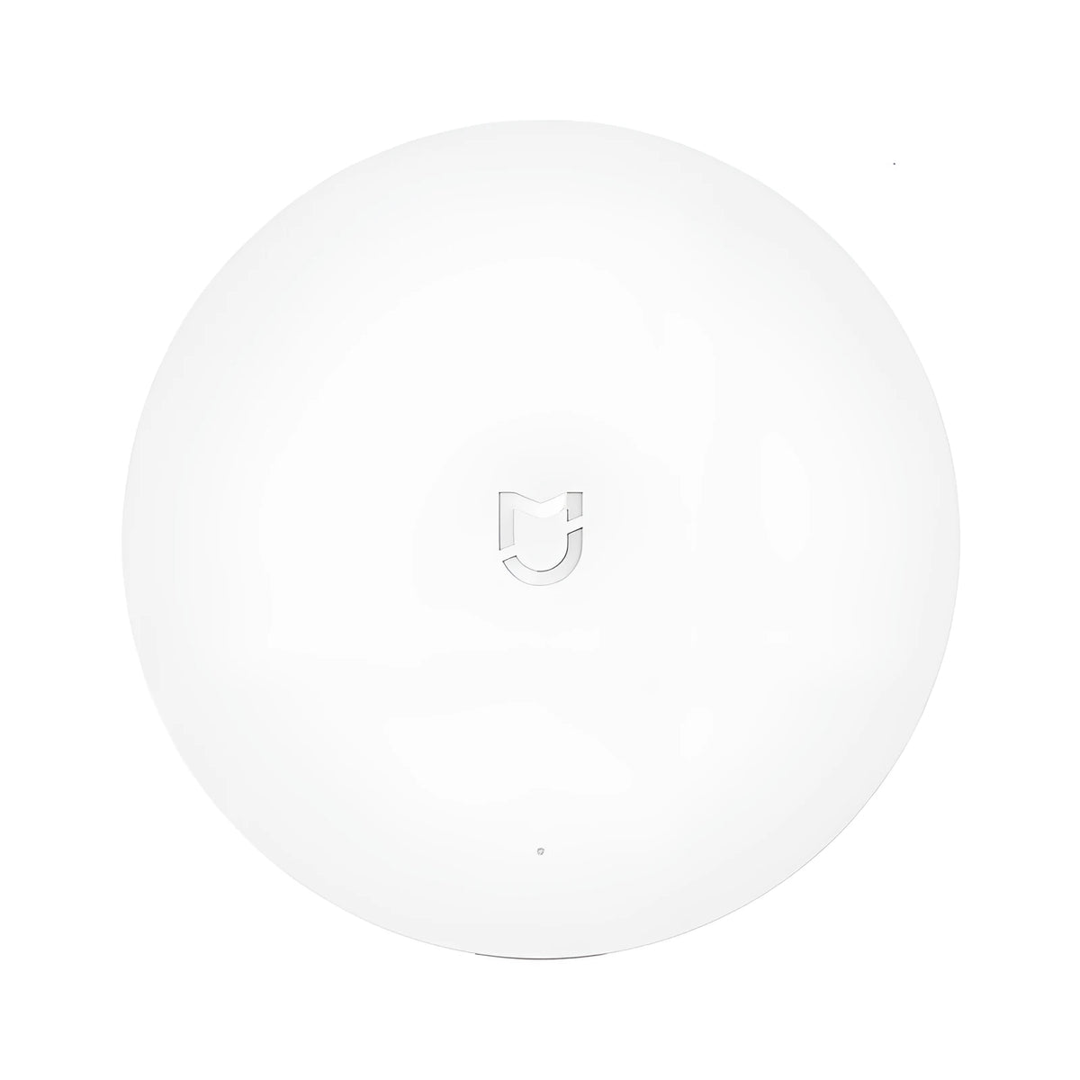White Xiaomijia smart home gateway with UK plug, 90mm diameter, for wall mounting