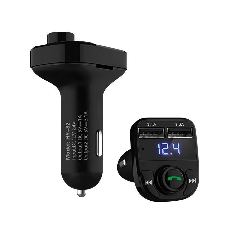 HY82 car Bluetooth MP3 player and hands-free kit with dual USB ports for cigarette lighter socket.