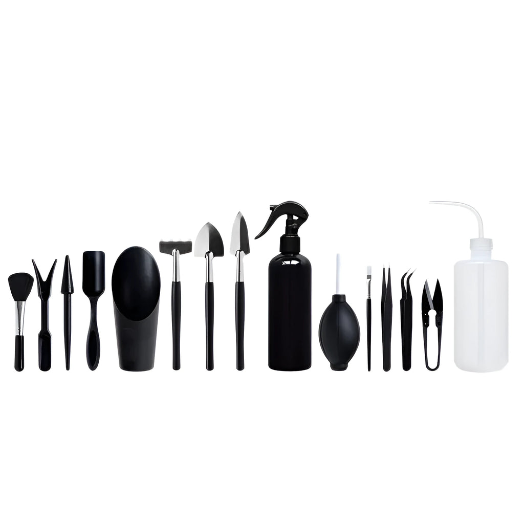Black succulent garden tools set with 16 pieces including scissors, tweezers, shovel, watering bottle, and cushion for transplanting
