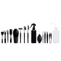 Black succulent garden tools set with 16 pieces including scissors, tweezers, shovel, watering bottle, and cushion for transplanting