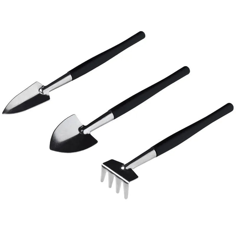 Black succulent garden tools set with 16 pieces including scissors, tweezers, shovel, watering bottle, and cushion for transplanting