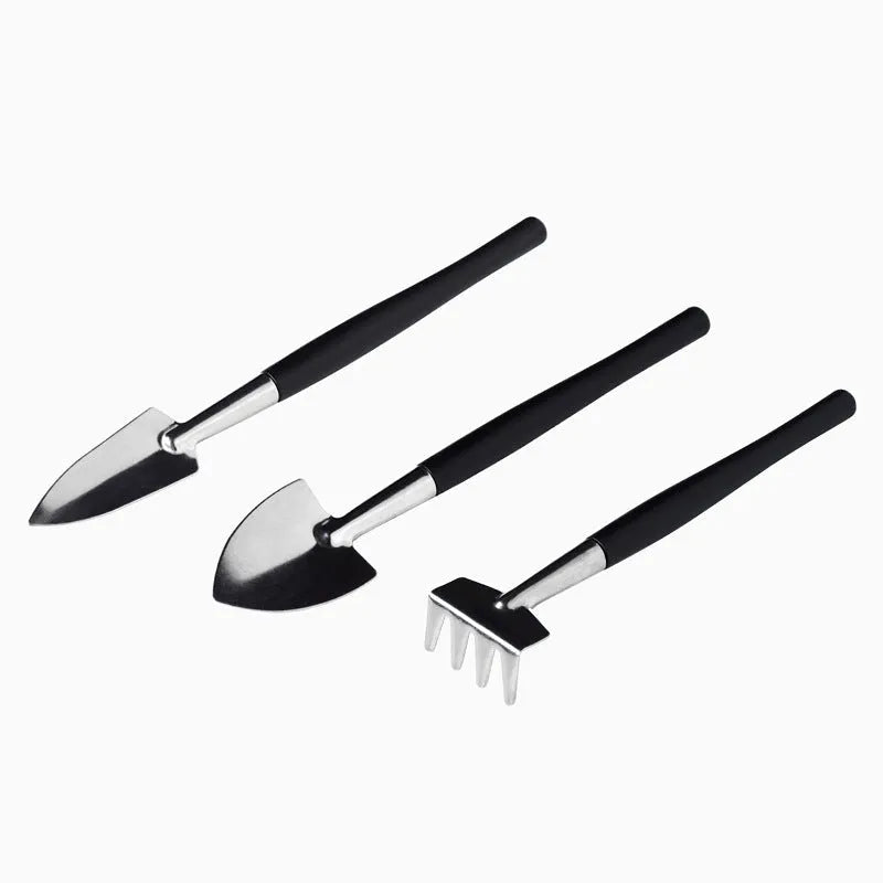 Black succulent garden tools set with 16 pieces including scissors, tweezers, shovel, watering bottle, and cushion for transplanting