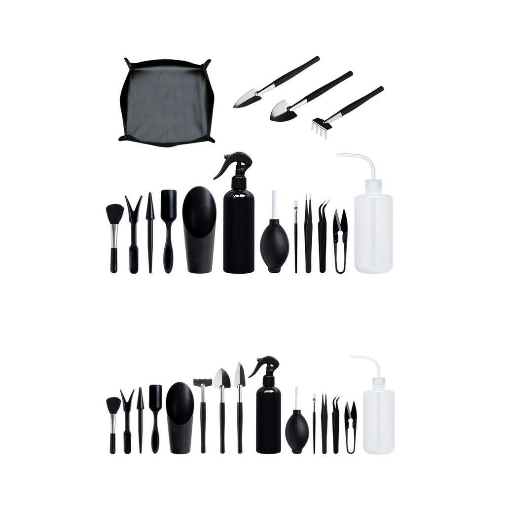 Black succulent garden tools set with 16 pieces including scissors, tweezers, shovel, watering bottle, and cushion for transplanting